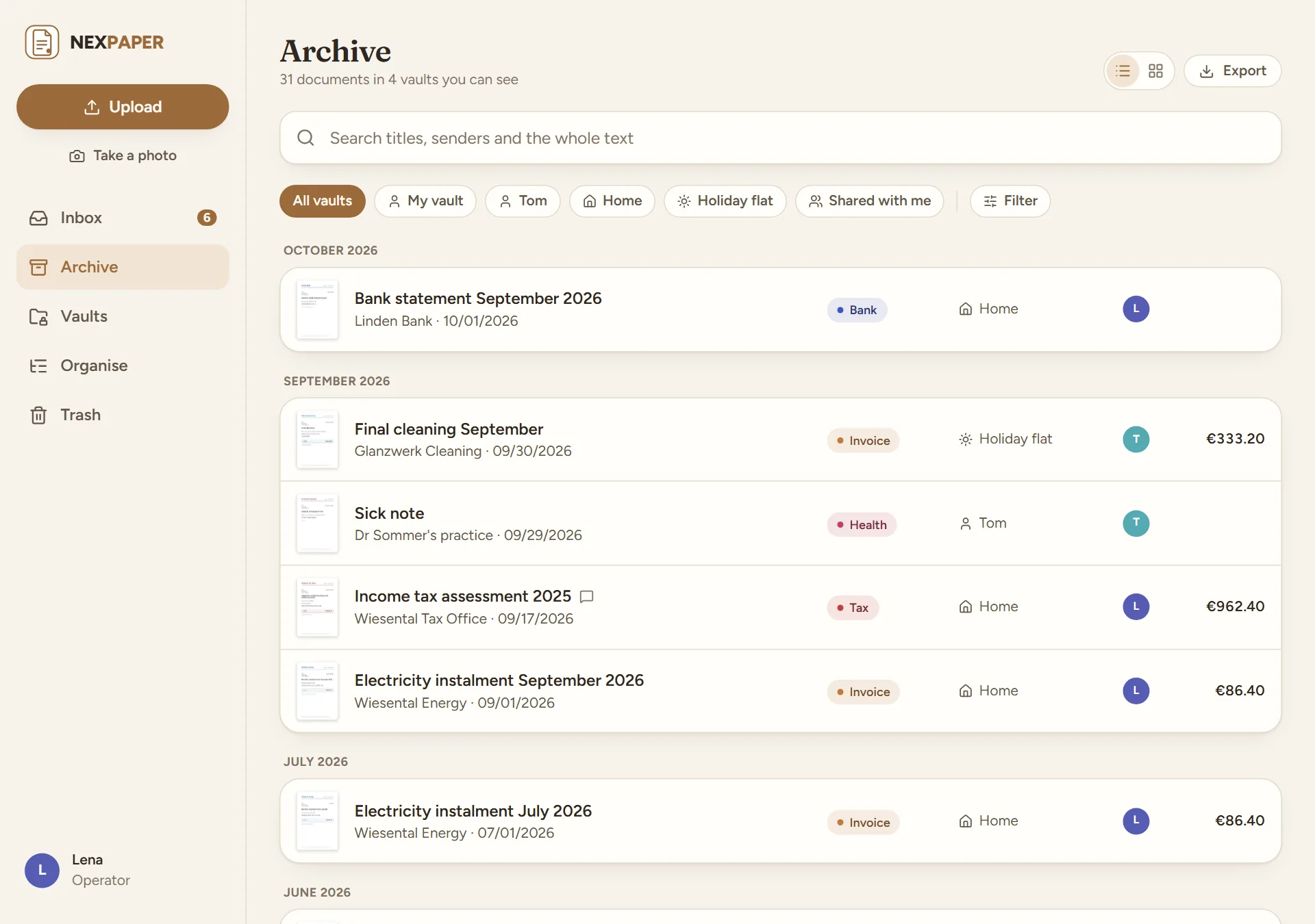 The archive with the search field, the vaults as buttons and the “Filter” button, below them the documents ordered by month, with kind, sender and amount.