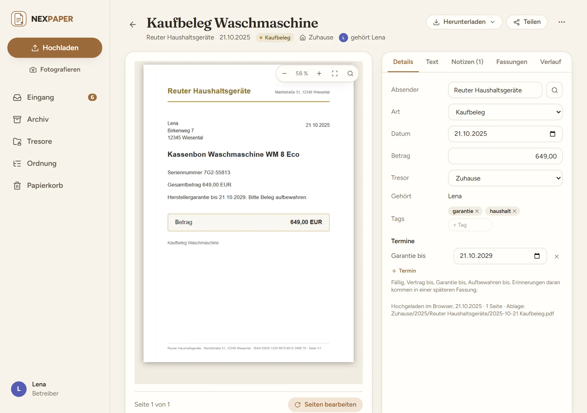 Ein Dokument, der Kaufbeleg für die Waschmaschine von Reuter Haushaltsgeräte: links die Seite, rechts der Reiter „Details“ mit Absender, Art, Datum, Betrag, Tags und dem Termin „Garantie bis“ (21.10.2029).