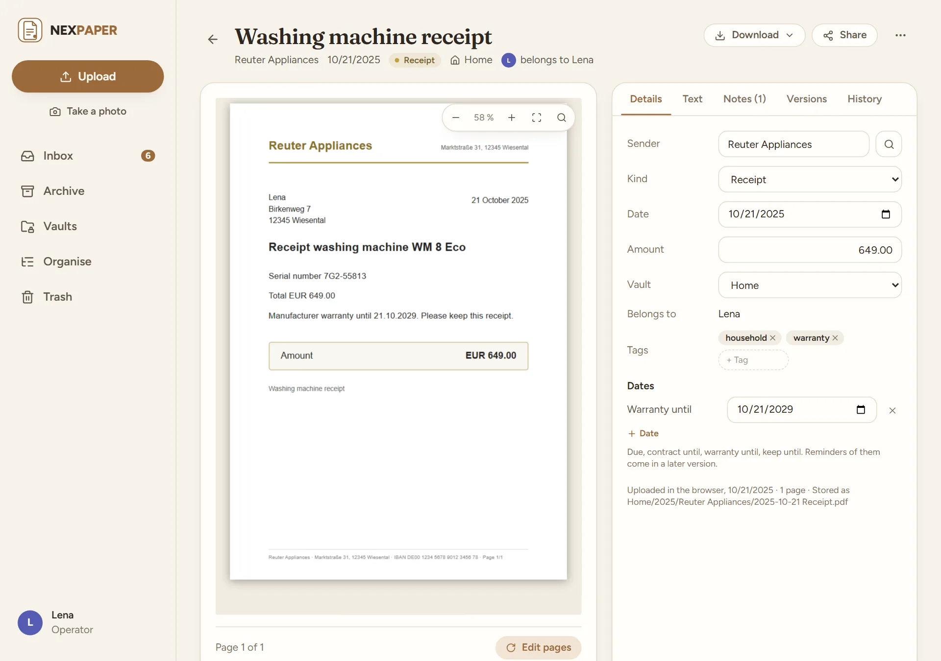 A document, the washing machine receipt from Reuter Appliances: the page on the left, on the right the tab “Details” with sender, kind, date, amount, tags and the date “Warranty until” (21.10.2029).