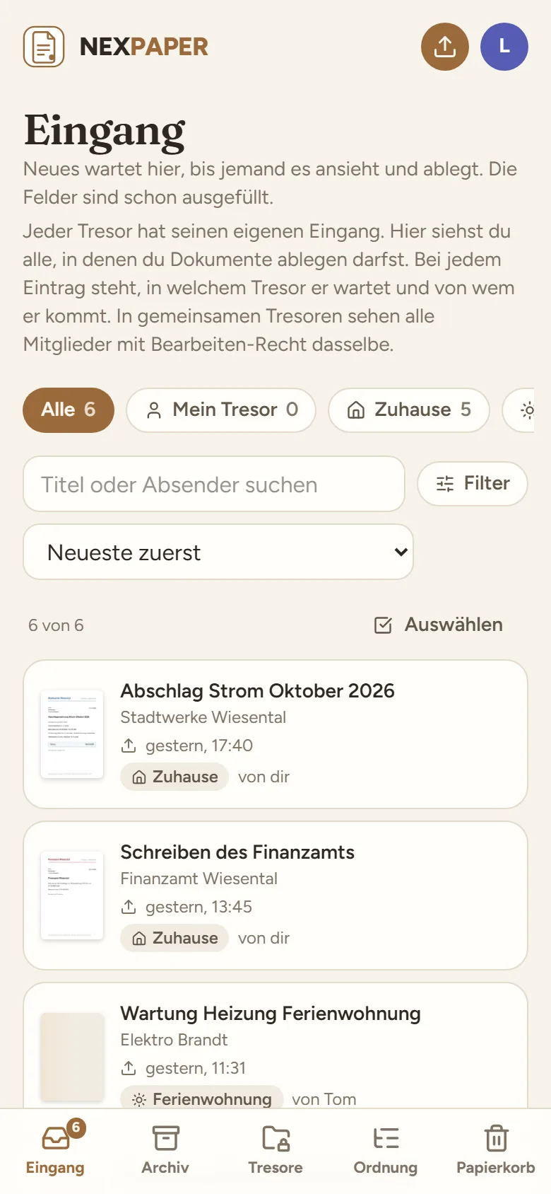 Der Eingang auf dem Handy mit der Liste wartender Briefe und der Leiste unten mit Eingang, Archiv, Tresore, Ordnung und Papierkorb.