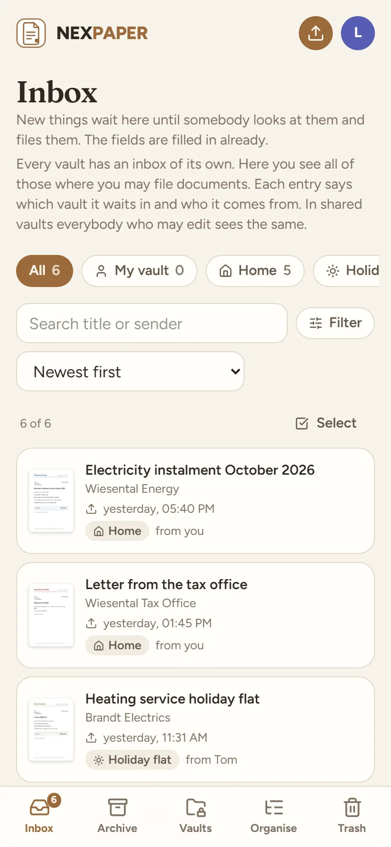 The inbox on a phone with the list of waiting letters and the bar at the bottom with Inbox, Archive, Vaults, Organise and Trash.