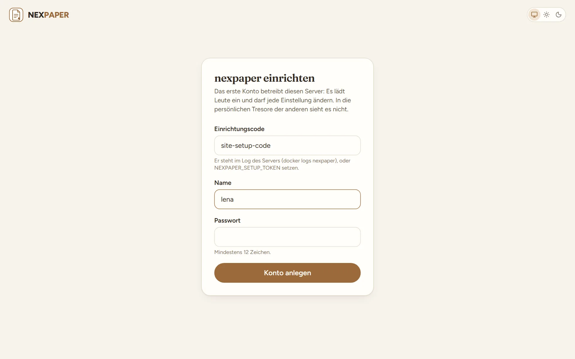 Die Seite „nexpaper einrichten“ mit den Feldern Einrichtungscode, Name und Passwort und dem Knopf „Konto anlegen“.