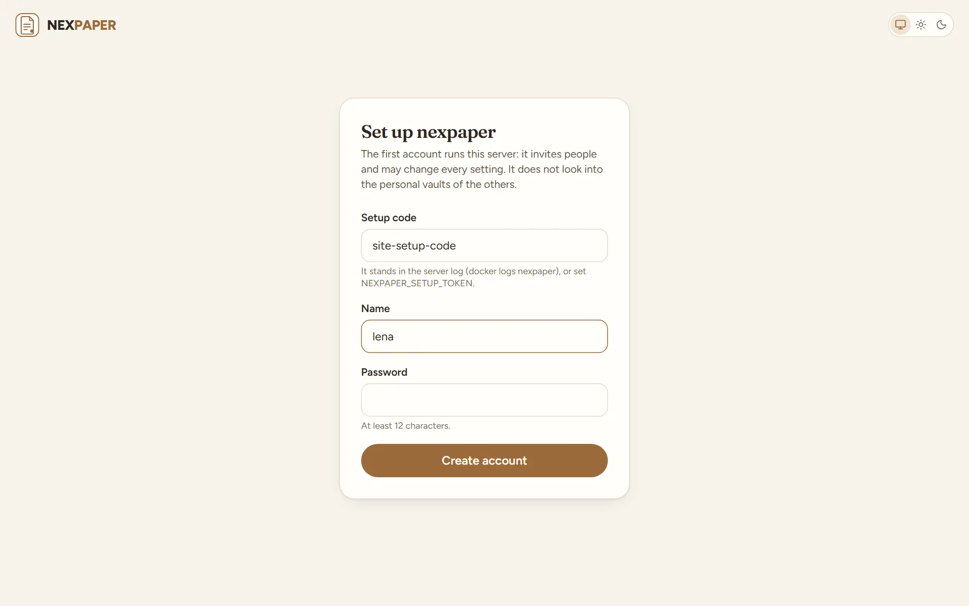 The page “Set up nexpaper” with the fields Setup code, Name and Password and the button “Create account”.