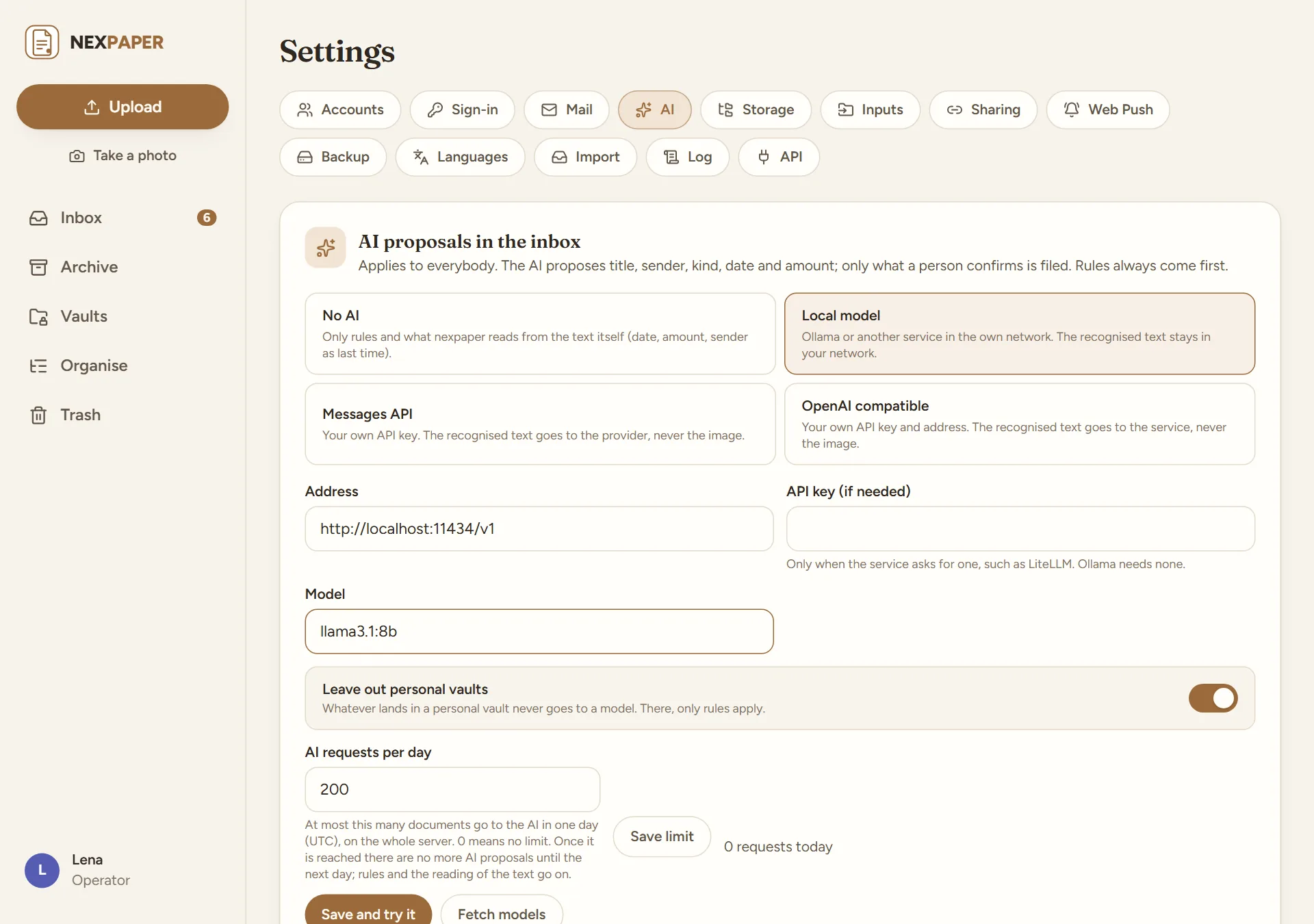 Settings, tab “AI”, card “AI proposals in the inbox”: four tiles “No AI”, “Local model” (chosen), “Messages API” and “OpenAI compatible”, below them address and model, the switch “Leave out personal vaults” and “AI requests per day” set to 200.
