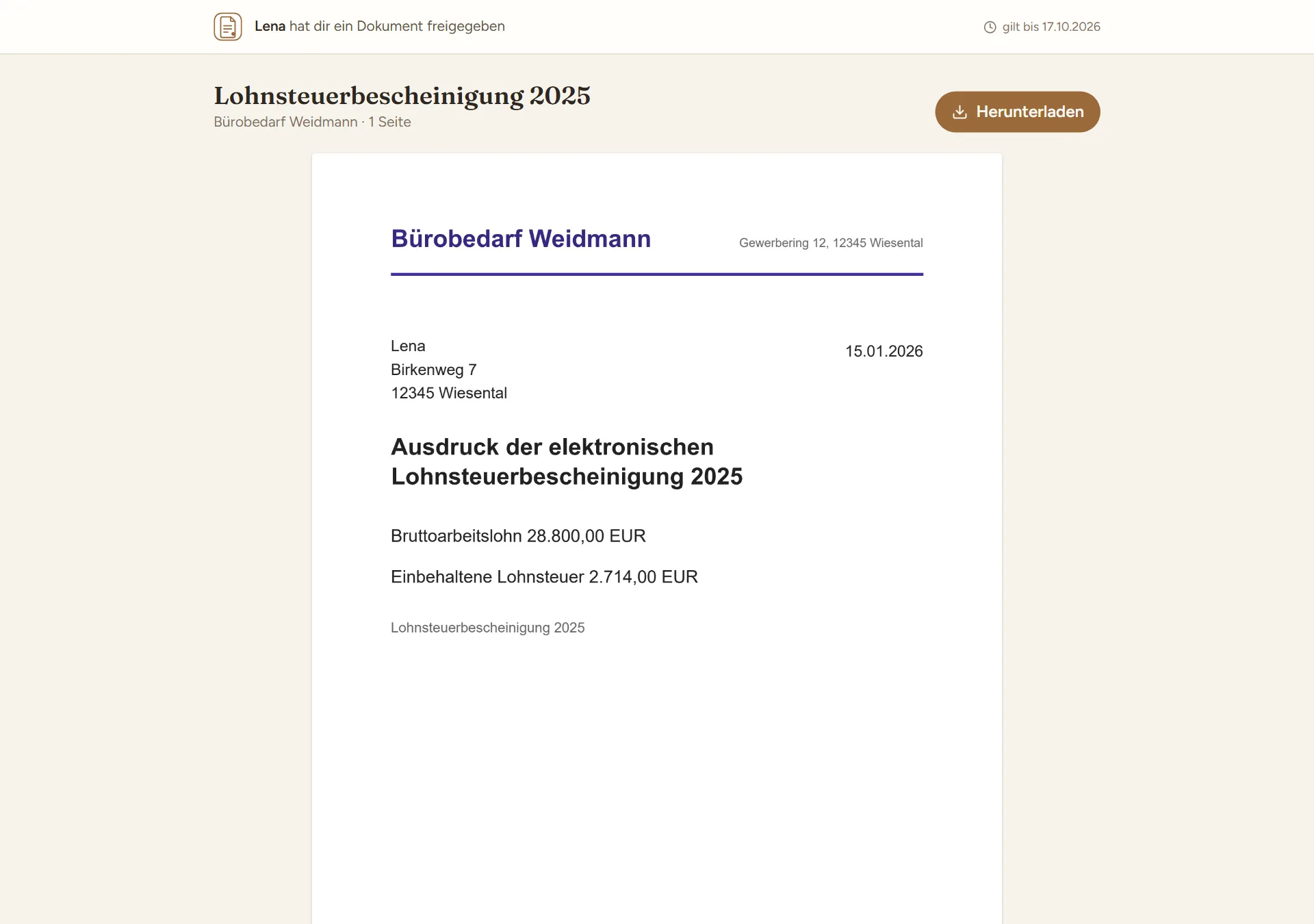 Die Seite, die jemand ohne Konto über den Link sieht: oben „Lena hat dir ein Dokument freigegeben“ und das Datum, bis zu dem der Link gilt, darunter Titel und Absender, der Knopf „Herunterladen“ und die Seite als Bild.