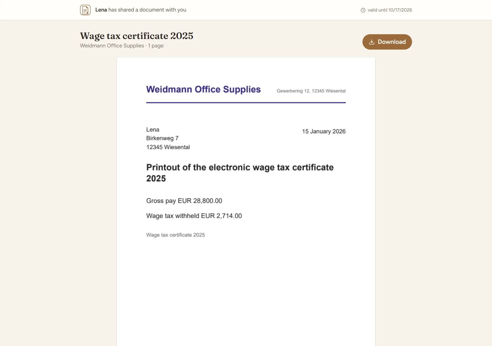 The page that someone without an account sees through the link: at the top “Lena has shared a document with you” and the date the link is valid until, below it the title and sender, the button “Download” and the page as a picture.