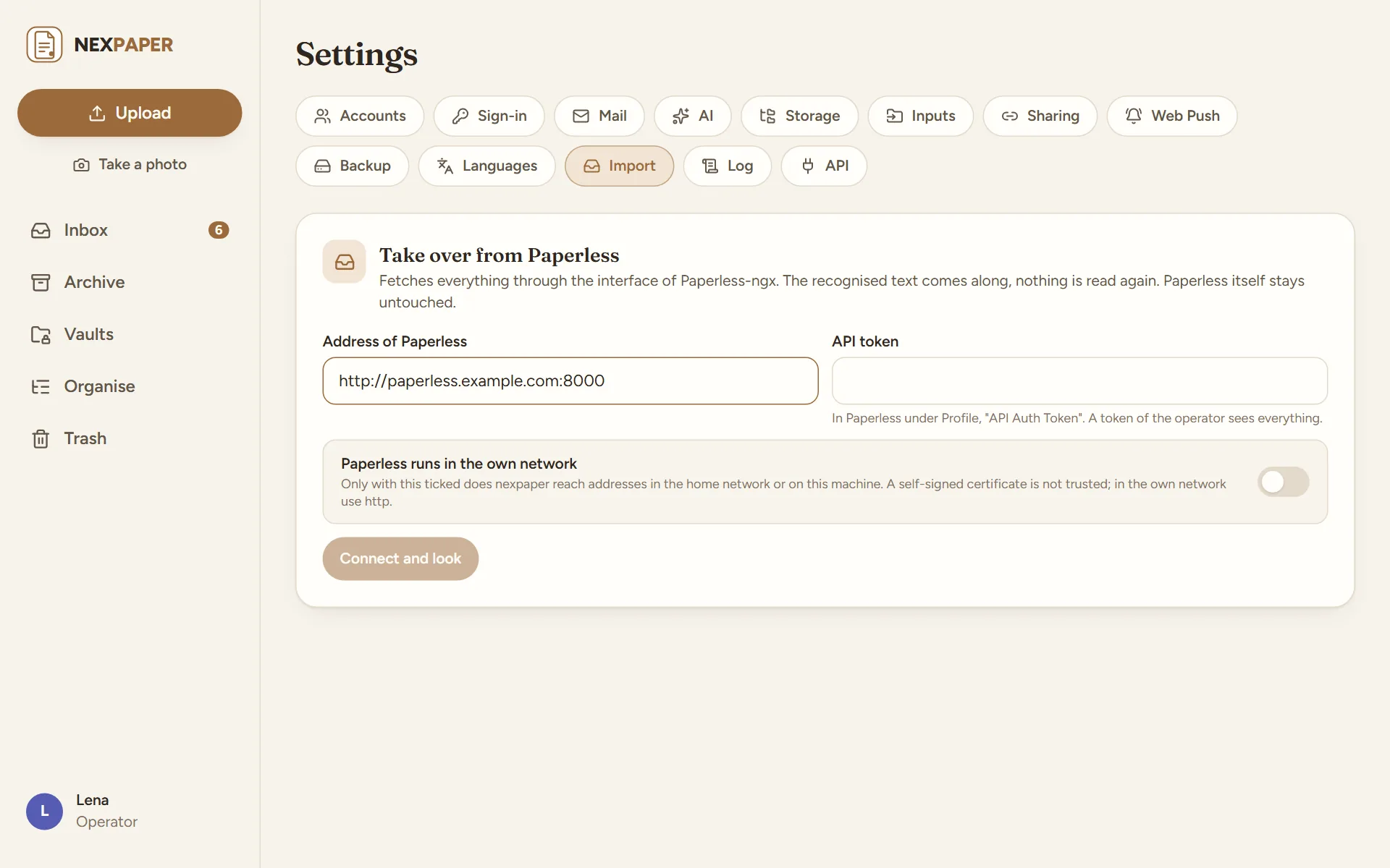 Settings, tab “Import”, card “Take over from Paperless” with the fields “Address of Paperless” and “API token”, the switch “Paperless runs in the own network” and the button “Connect and look”.