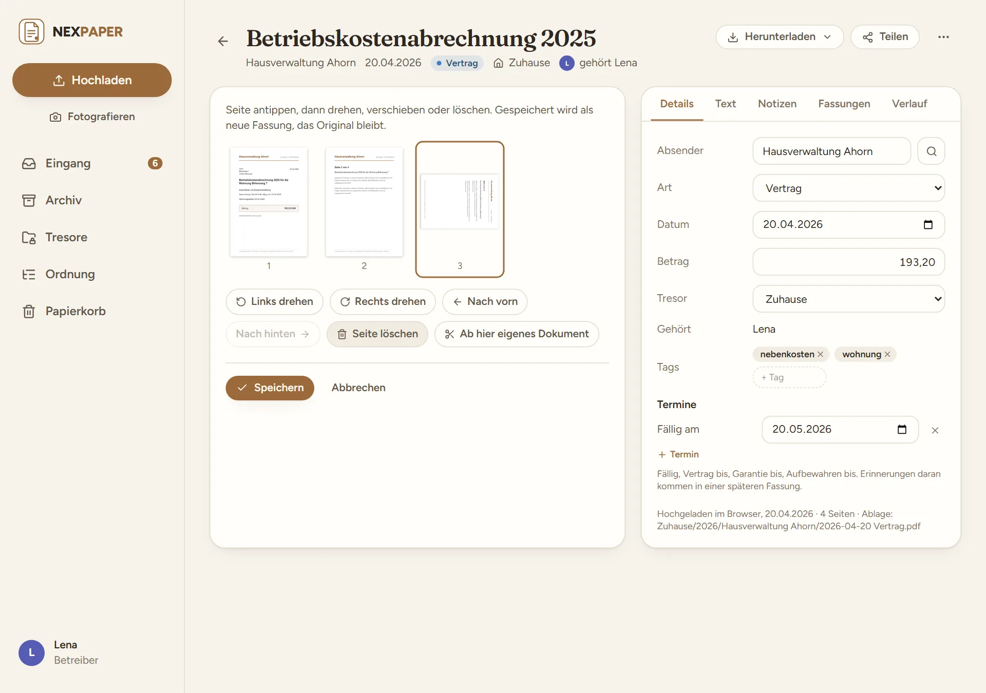 „Seiten bearbeiten“ bei einem mehrseitigen Dokument: kleine Bilder der Seiten, die dritte ist gewählt, darunter „Links drehen“, „Rechts drehen“, „Nach vorn“, „Nach hinten“, „Seite löschen“ und „Ab hier eigenes Dokument“, dazu „Speichern“ und „Abbrechen“.