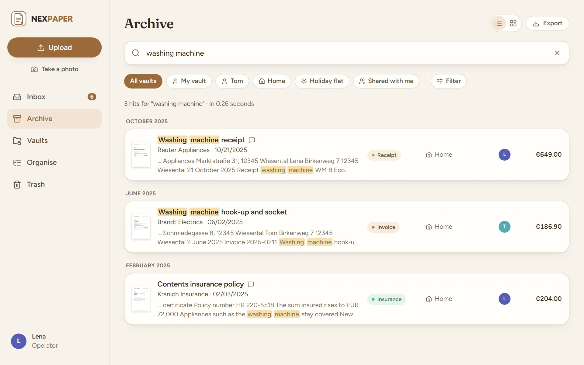 The archive with the search words “washing machine” in the search field and the hits below, each with a piece of the text and the word found marked.