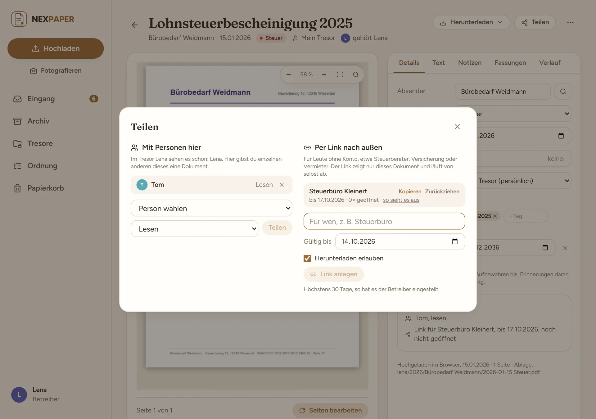 Der Teilen-Dialog eines Dokuments: links „Mit Personen hier“ mit Tom und dem Recht Lesen, rechts „Per Link nach außen“ mit einem schon angelegten Link und den Feldern „Für wen“, „Gültig bis“ und „Herunterladen erlauben“.